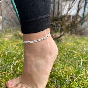 Anklet silver-white Boho style Beaded anklet with elastic band image 3