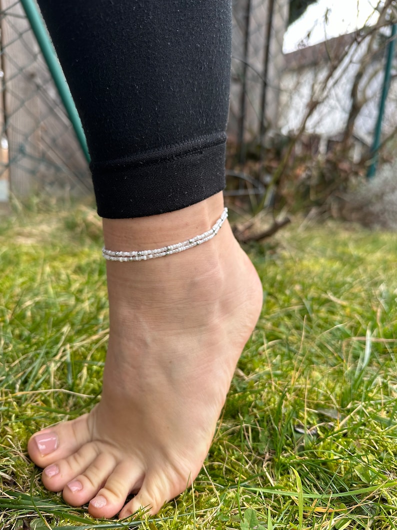 Anklet silver-white Boho style Beaded anklet with elastic band image 3