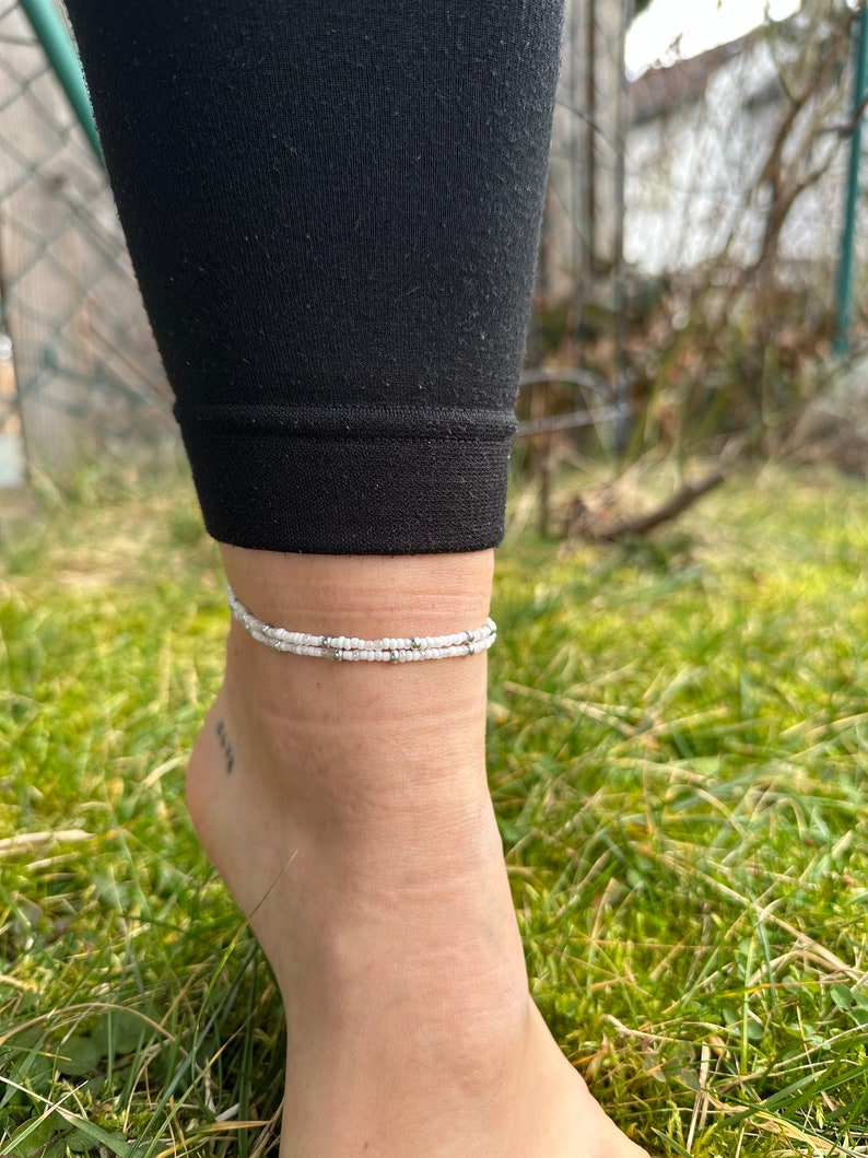 Anklet silver-white Boho style Beaded anklet with elastic band image 2