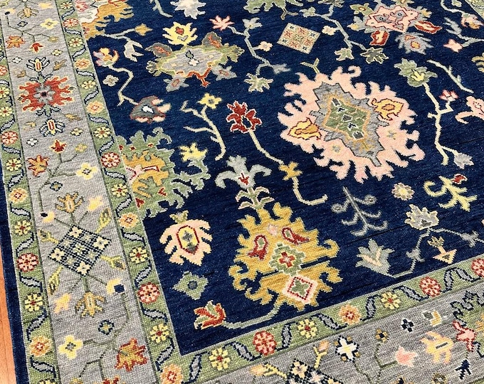 Hand-Knotted Oushak Rug: Midnight Blue New Zealand Wool, Vibrant Accents