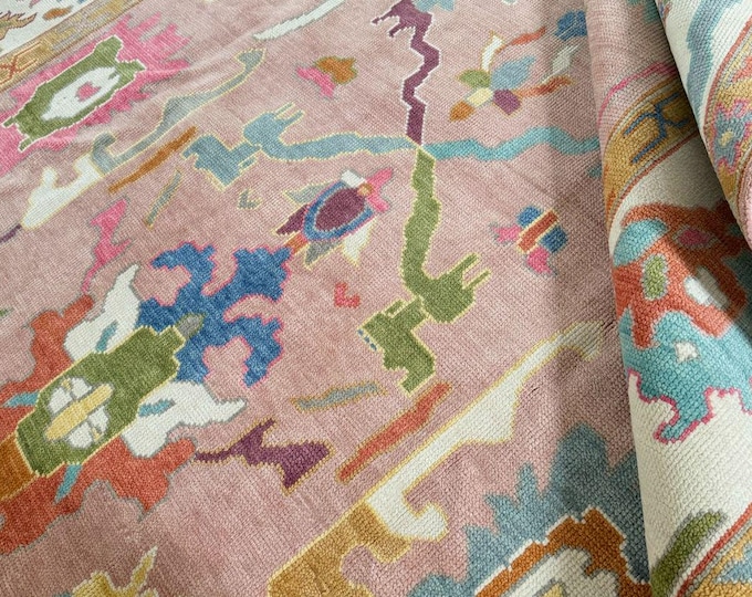 Hand-Knotted Pink Oushak Wool Rug: Turkish Floral Area Rug