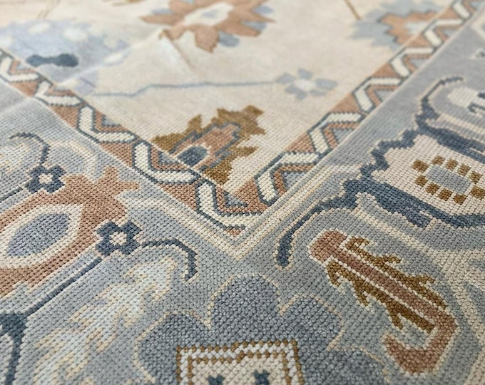 Hand-Knotted Oushak Wool Rug: Beige Turkish Area Rug, 8x10