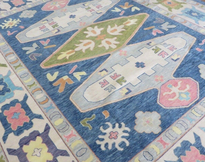 Hand-Knotted Oushak Wool Rug: 10x14 Blue Turkish Area Rug