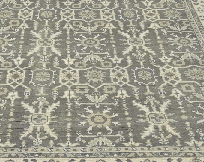 Hand Knotted Oushak Wool Rug: Muted Grey Multi, Vintage Style