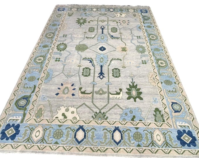Hand Knotted Oushak Rug: Green Wool, Antique Turkish Design
