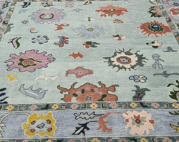 Hand Knotted Turkish Wool Oushak Rug: Grey Floral Area Rug