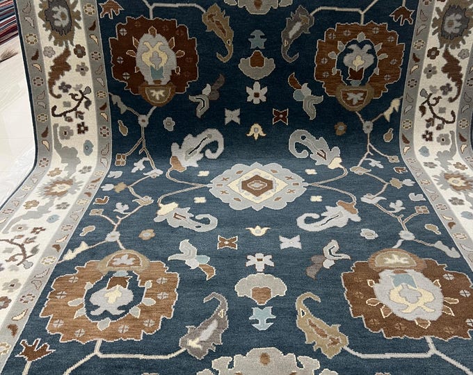 Hand Knotted Oushak Turkish Rug: Blue Beige Wool Area Rug