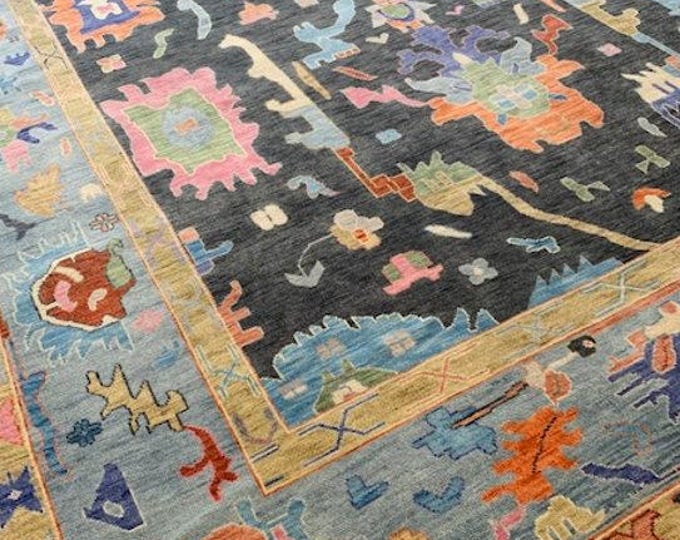 Hand Knotted Black Oushak Rug 9x12: New Zealand Wool Oriental Area Rug