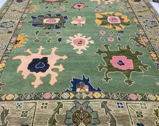 Hand-Knotted Oushak Rug: Green New Zealand Wool, Customizable Oriental Design