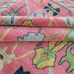 Hand Knotted Pink Oushak Rug: Modern Turkish Wool Area Rug