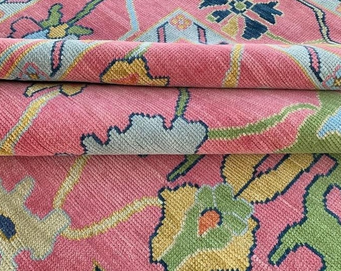 Hand Knotted Pink Oushak Rug: Modern Turkish Wool Area Rug