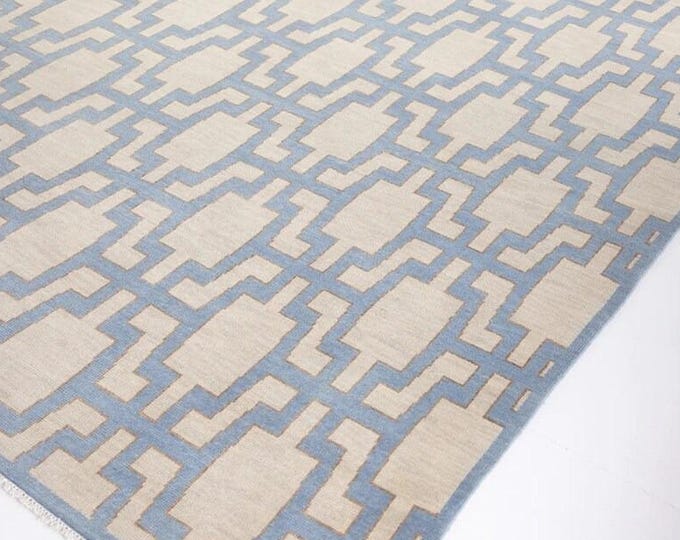 Hand-Knotted Oushak Wool Rug: Beige & Blue, 9x12 Classic Design
