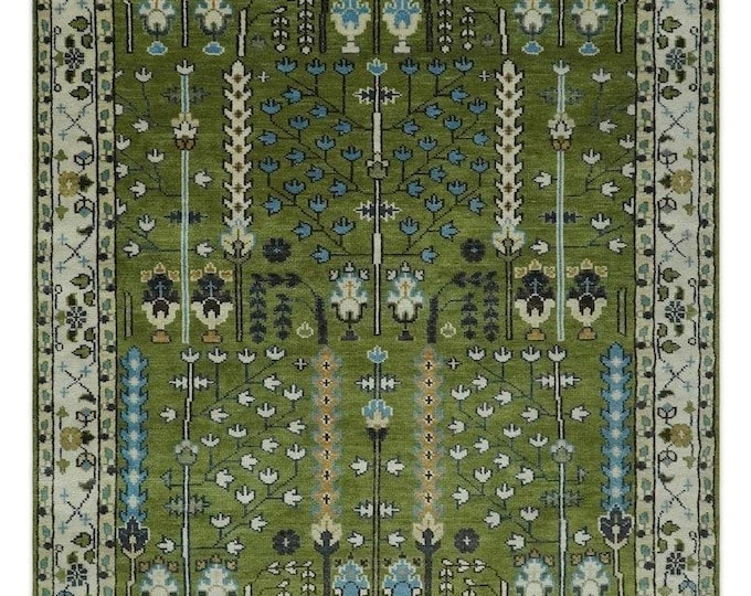 Hand-Knotted Wool Oushak Rug: Green Tree Design, 8x10 Turkish Area Rug