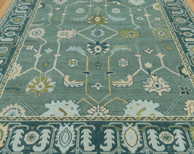 Hand-Knotted Oushak Wool Rug: Greenish Turkish Area Rug 8x10
