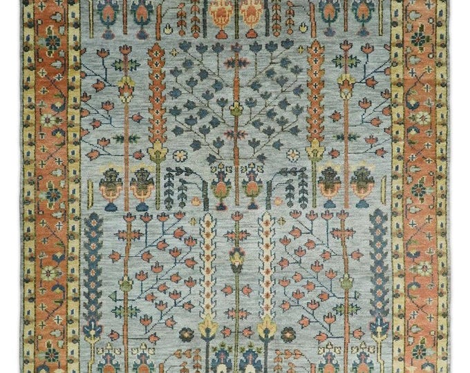 Hand Knotted Oushak Rug: Grey Wool, Modern Tree Design
