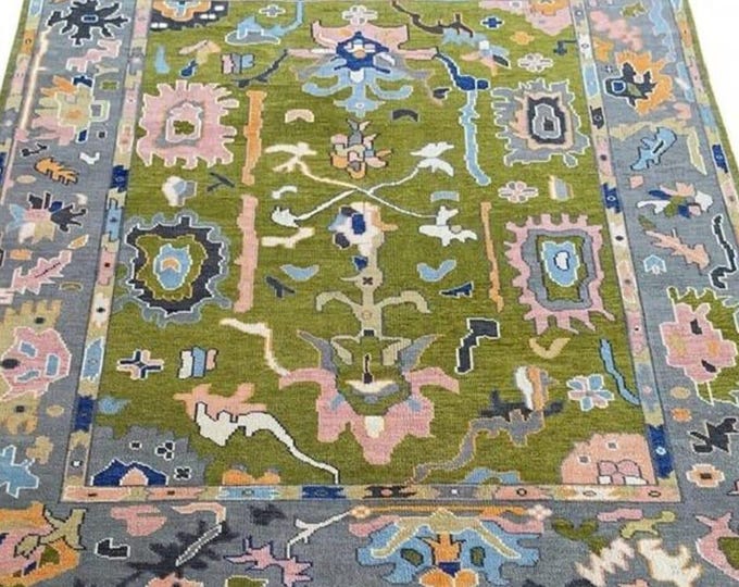Hand-Knotted Oushak Rug 8x10: Greenish Grey Wool Turkish Area Rug