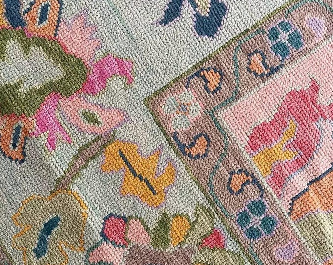 Hand Knotted Pink Oushak Rug: Modern Turkish Wool Area Rug