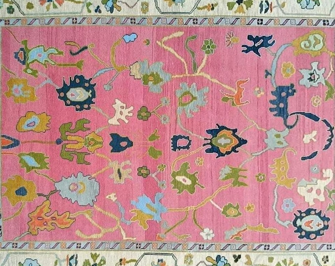 Hand-Knotted Oushak Wool Rug: Pink Ivory Turkish Antique Style
