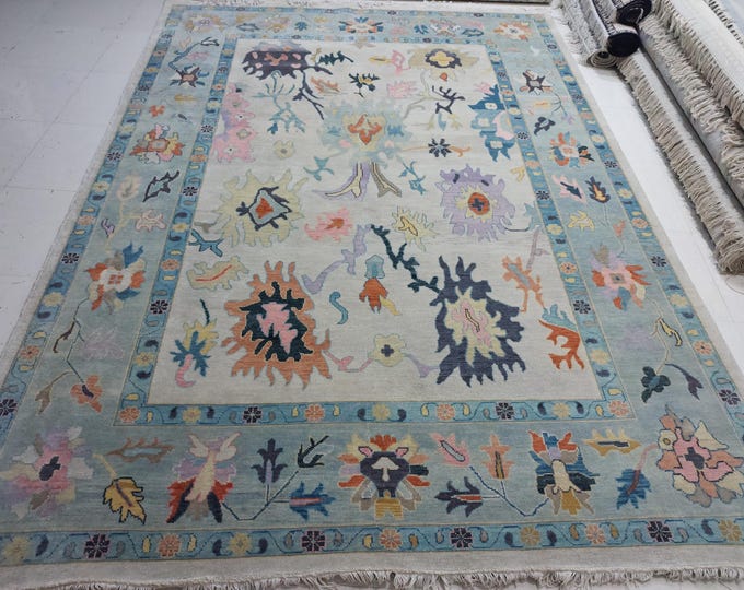 Hand Knotted Turkish Oushak Wool Rug: Traditional Pastel Floral Design