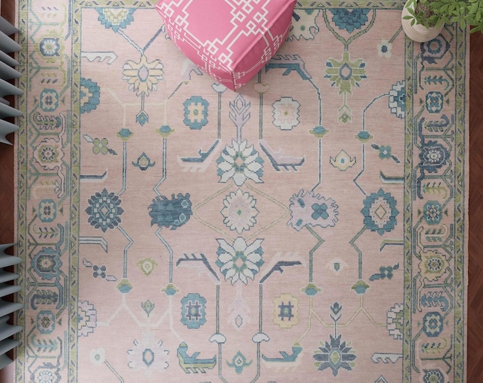 Hand-Knotted Traditional Oushak Rug, Turkish Wool Carpet, Pink & Green Living Room Bedroom Home Decor