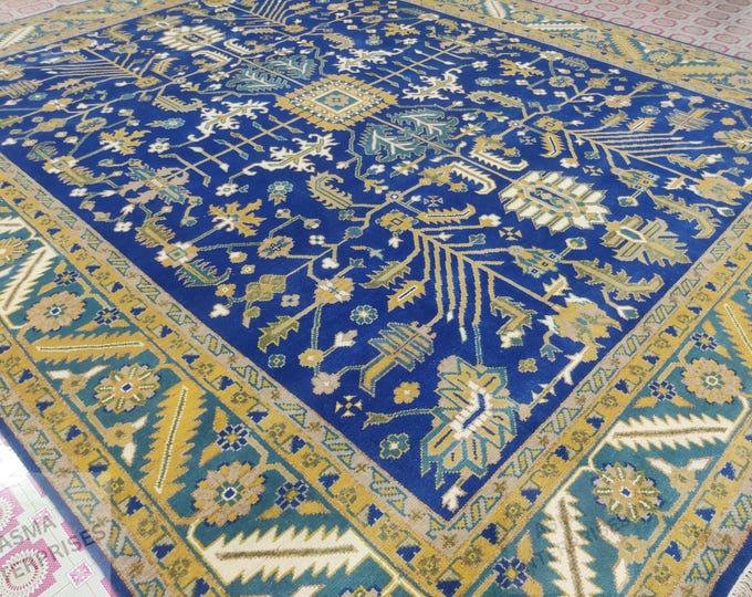 Hand-Knotted Heriz Wool Rug 12x15: Blue Serapi Design