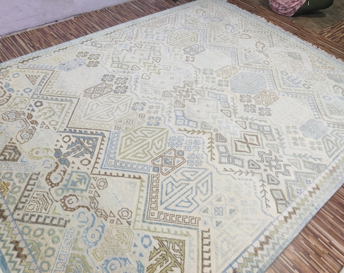 Hand Knotted Geometric Oushak Rug, Antique Wool Rug, Traditional Turkish Home Decor