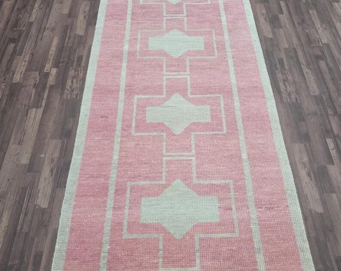 Hand Knotted Runner Pink Oushak Rug, Antique Turkish Area Home Decor Entryway Kitchen & dining