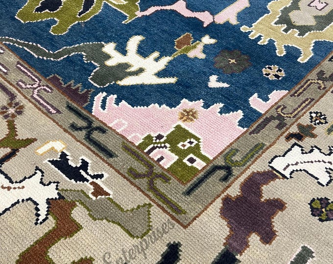 Hand-Knotted Blue Oushak Rug, Antique Turkish large Area Rug Living Room Bedroom Home Decor