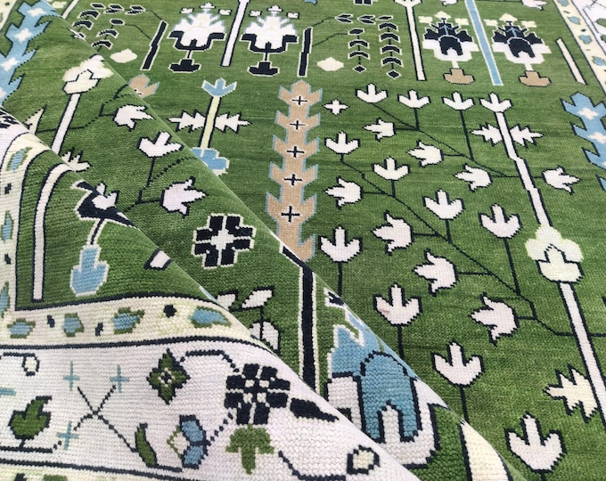 Hand-Knotted Wool Oushak Rug: Green Tree Design, 8x10 Turkish Area Rug