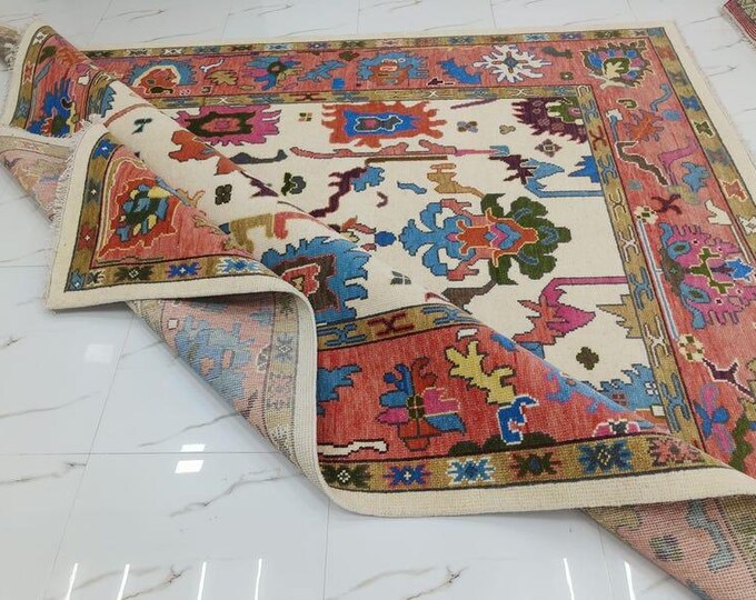 Hand Knotted Turkish Oushak Rug: Floral Wool Area Rug, Living Room Bedroom Home Decor