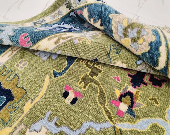 Green Oushak Rug Hand Knotted Wool Rug, Antique Turkish Area Living Bedroom Home Decor