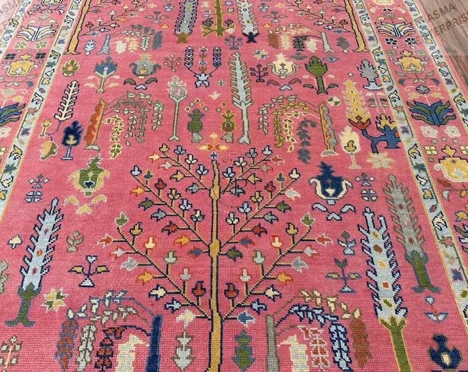 Hand-Knotted Oushak Rug 8x10: Pink Tree Design, New Zealand Wool