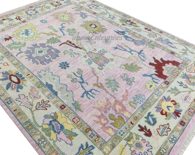 Hand-Knotted Oushak Wool Rug: Pink & Ivory Antique Turkish Style (9x12 feet)