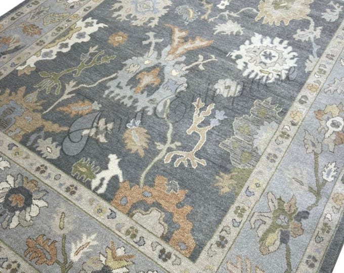 Hand Knotted Oushak Wool Rug 8x10: Gray Colorful Turkish Carpet