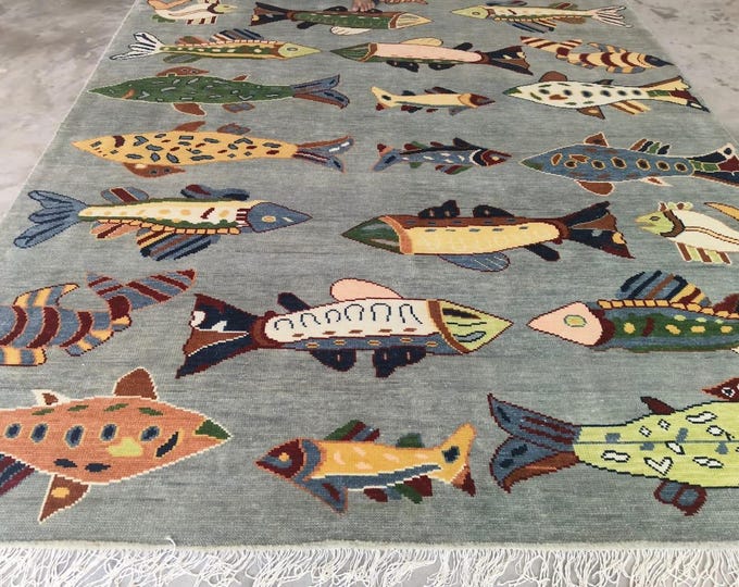 Hand Knotted Grey Fish Design Turkish Oushak Rug, Antique Wool Area Rug Home Decor