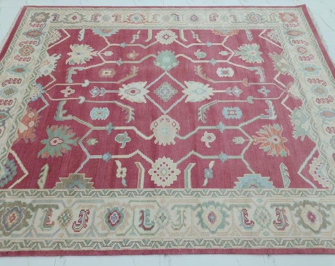 Hand Knotted Pink Oushak Rug: Modern Turkish Wool Area Rug Runner