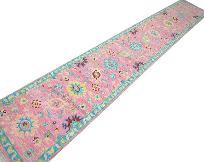 Hand Knotted Pink Oushak Rug: Modern Turkish Wool Area Rug