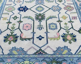 Hand Knotted Wool Oushak Rug: Turkish Floral Area Rug