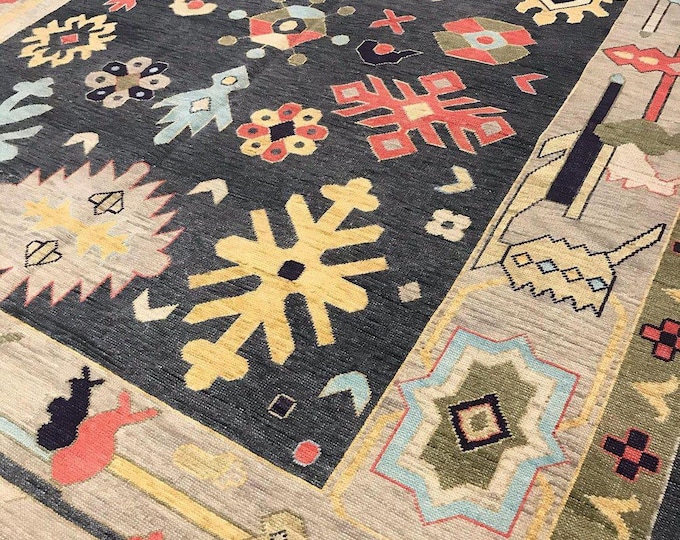Modern Oushak Rug Black Colorful Wool Hand Knotted Turkish Rug, Large Area Home Decor.
