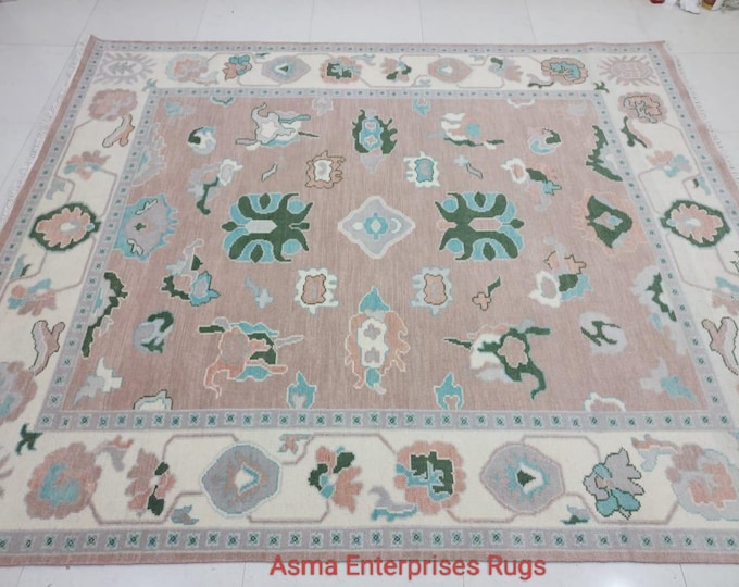 Hand-Knotted Oushak Rug 8x10: Hot Pink Wool Turkish Knot Rug