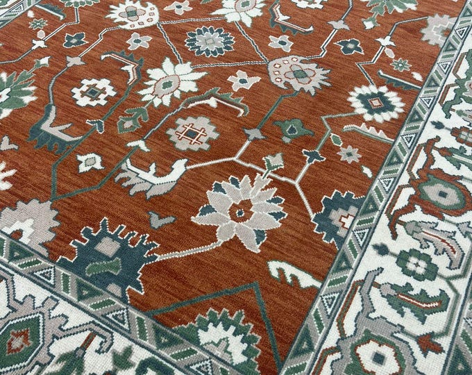 Handmade Red Oushak Rug 9x12: Vintage Turkish Wool Carpet