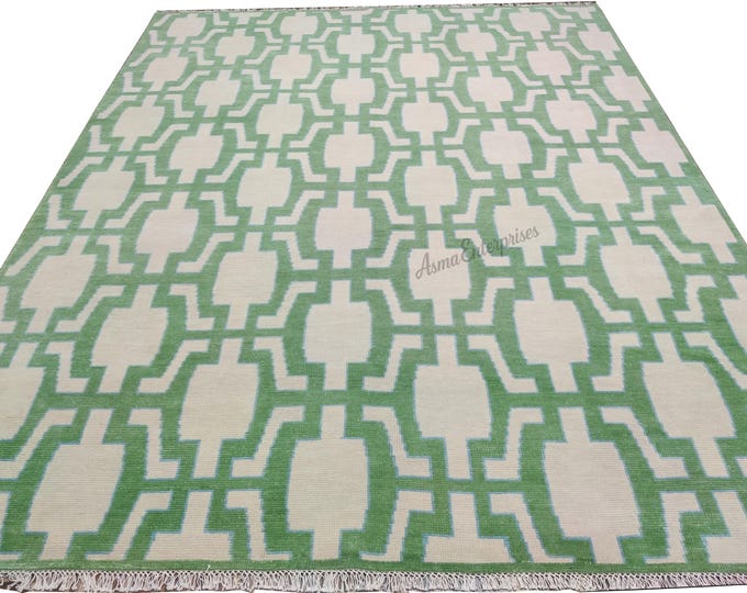 Hand-Knotted Oushak Wool Rug 8x10: Beige & Green Geometric Design