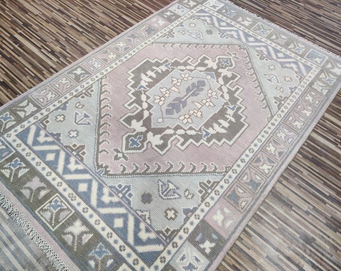 Hand Knotted Turkish Oushak Rug: Floral Wool Area Rug