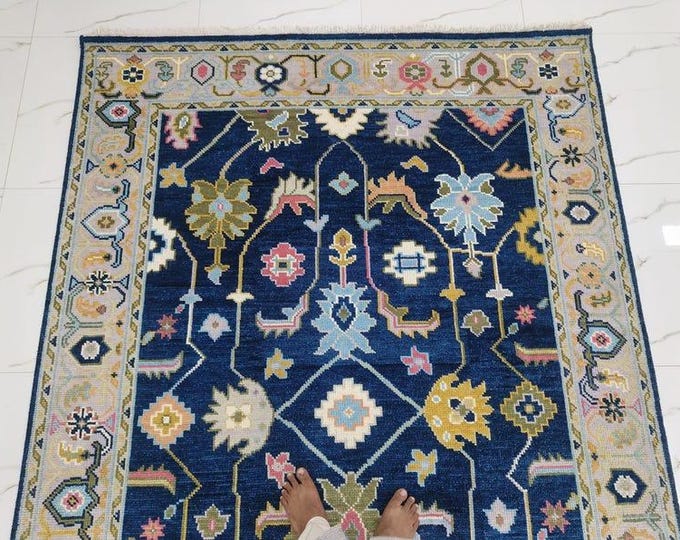 Hand Knotted Turkish Blue Wool Rug Antique Oushak Oriental Large Area Rug Home Decor
