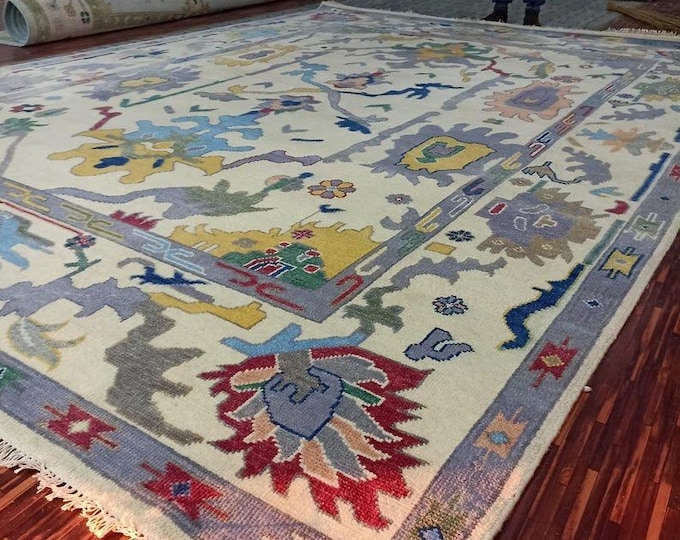 Hand Knotted Oushak Wool Rug: Antique Turkish Wool Area Living Room Bedroom Home Decor