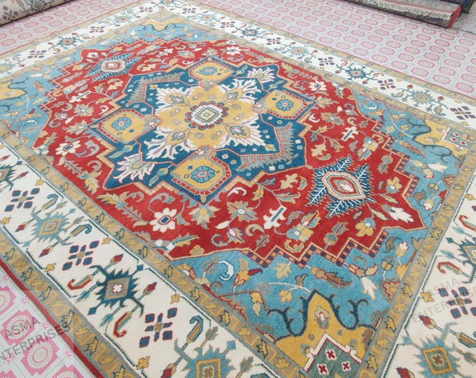 Hand-Knotted Indian Heriz Wool Rug: 10x14 Modern Serapi Design