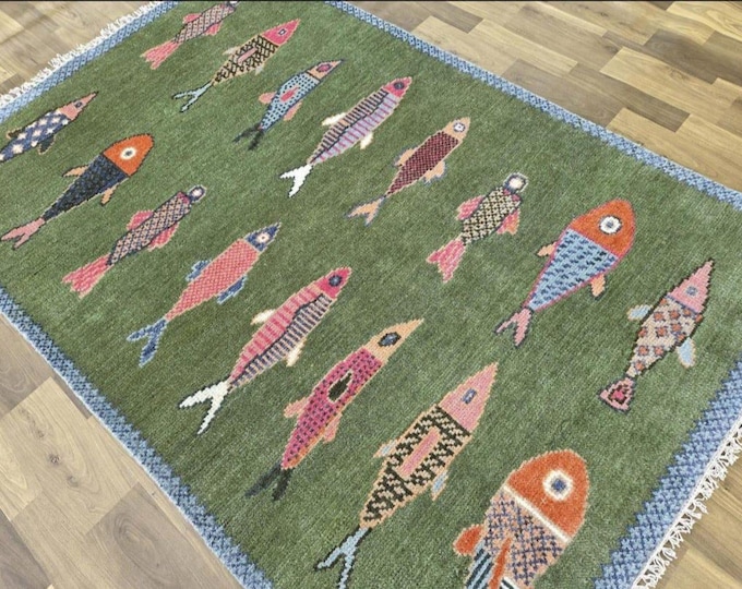 Hand Knotted Koi Fish Green Wool Rug Antique Vintage Area Rug AllRoom Home Decor