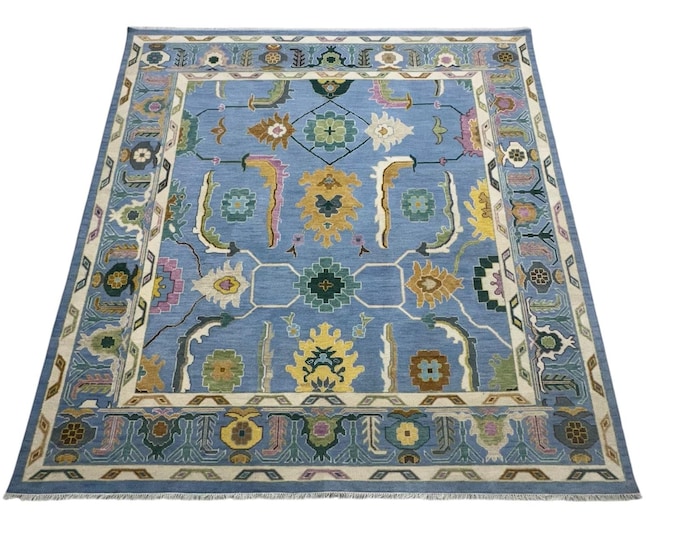 Traditional Oushak Blue Hand Knotted Rug, Antique Wool Fine Turkish Area Rug Home Decor