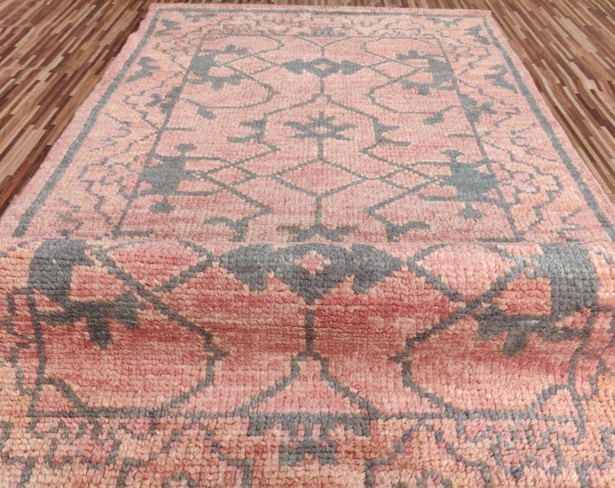 Hand Knotted Oushak Wool Rug: 5x7 Vintage Turkish Pastel Area Rug