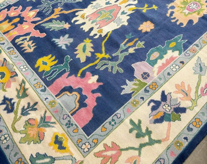 Hand-Knotted Oushak Rug: Blue Modern Turkish Wool Area Rug
